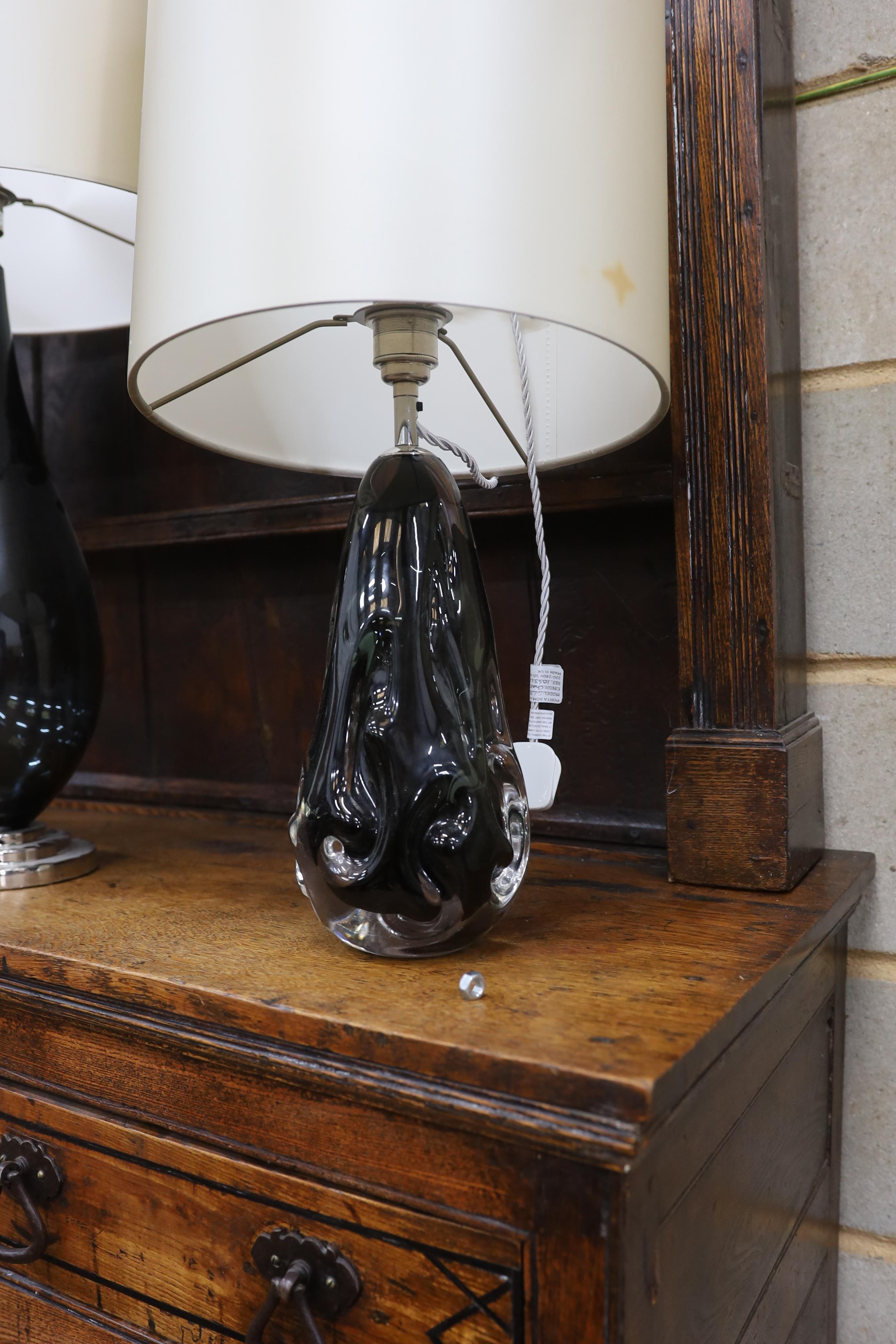 A contemporary Porta Romana baluster glass table lamp and shade, height 78cm together with two other contemporary glass table lamps